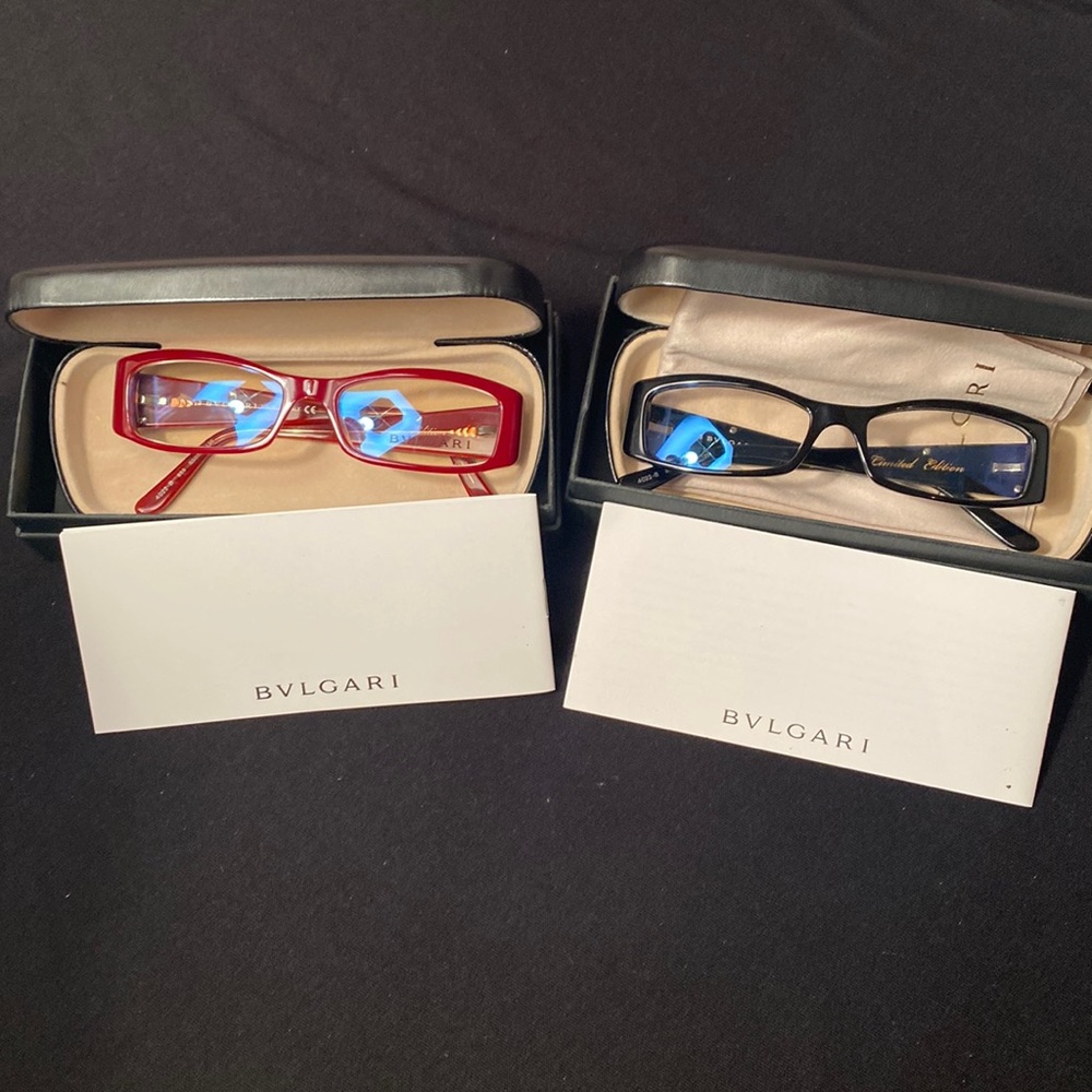 2 pairs of BVLGARI eyeglasses frames. Size 53*16.One Black, One Red. Same size.